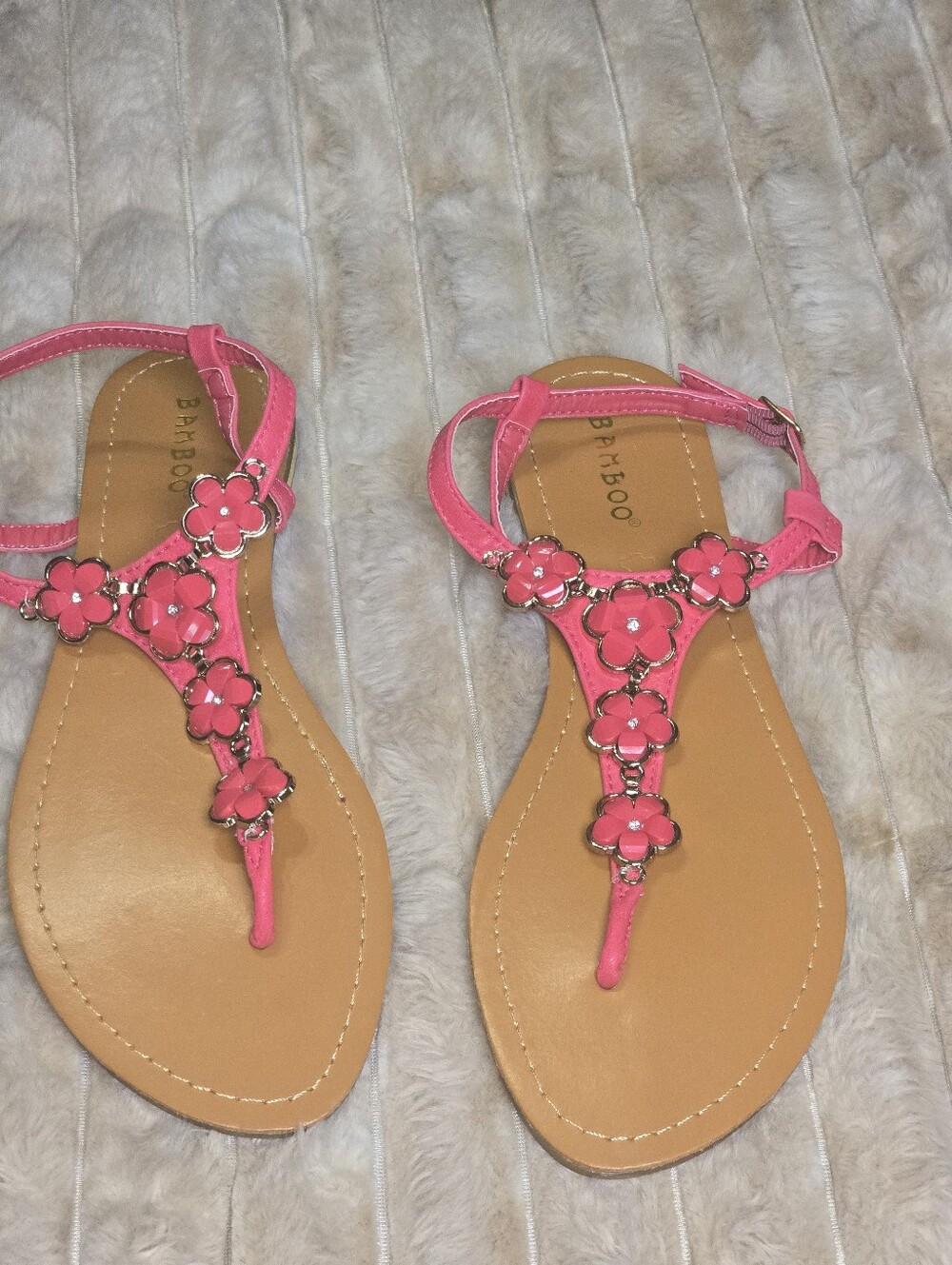 Bamboo Pink Floral T-Strap Sandals for Women